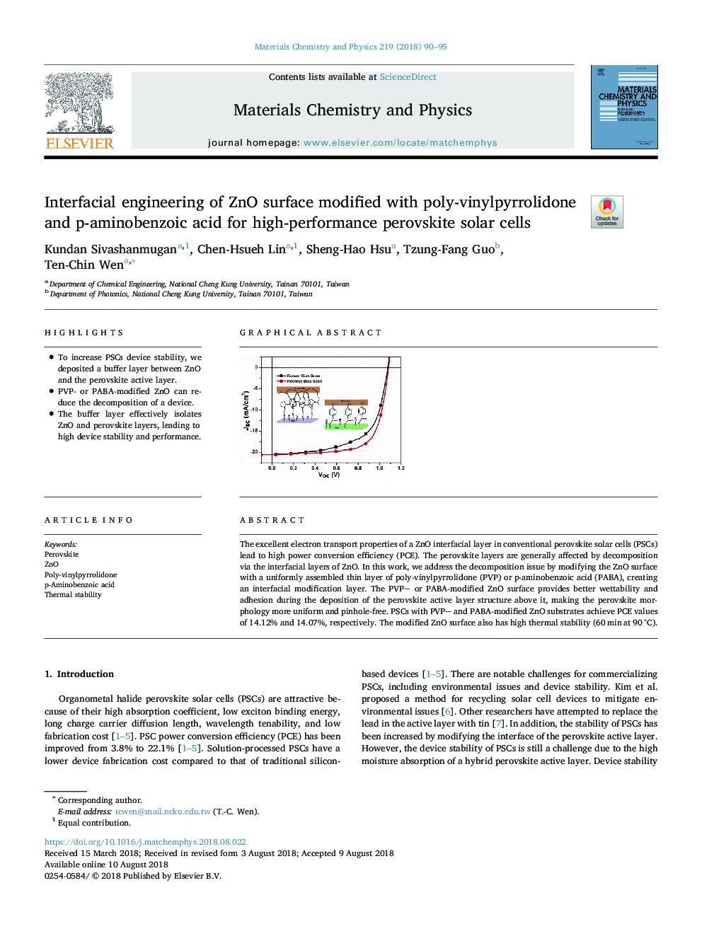 Interfacial engineering of ZnO surface modified with poly-vinylpyrrolidone and p-aminobenzoic acid for high-performance perovskite solar cells