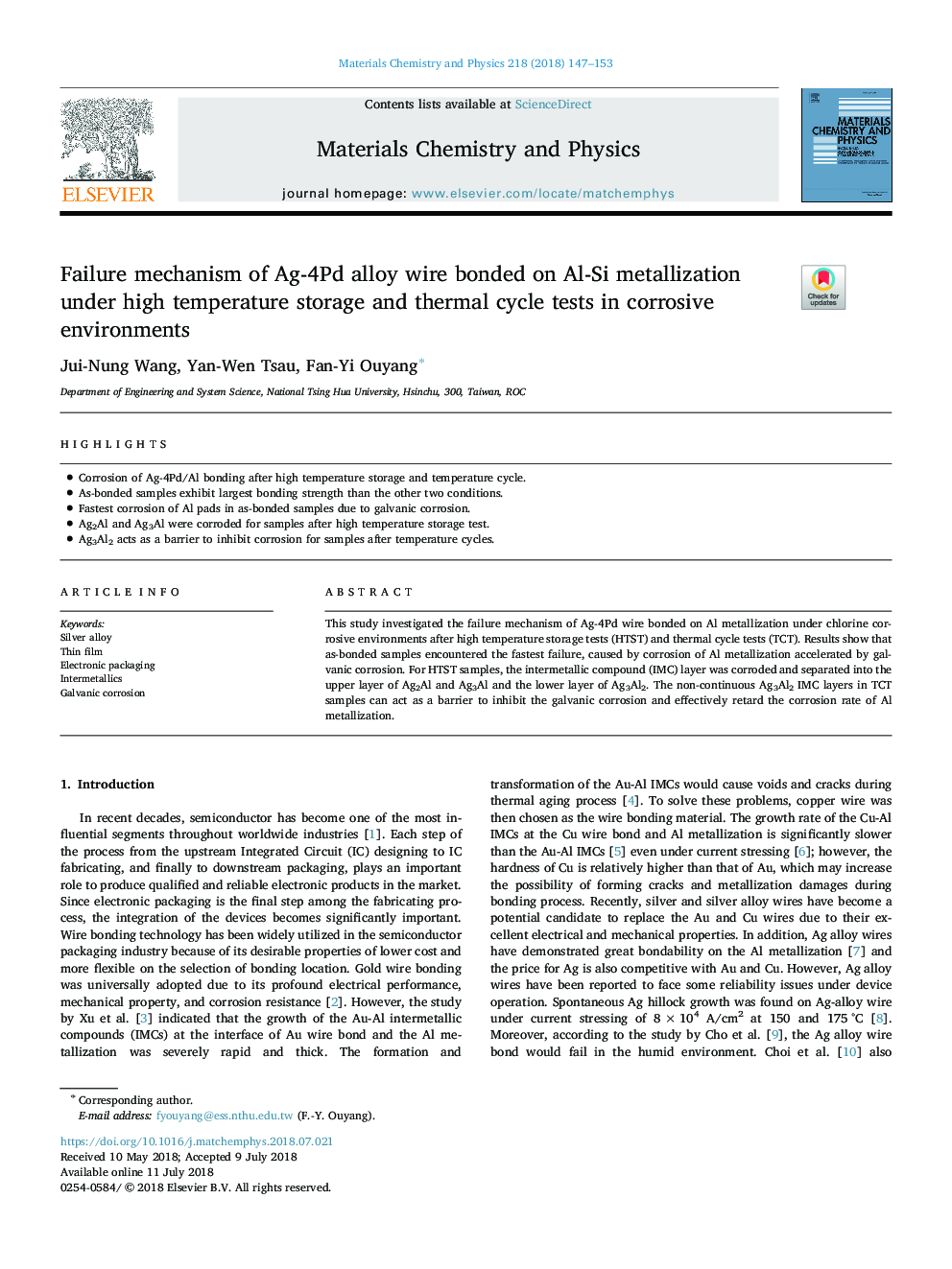 Failure mechanism of Ag-4Pd alloy wire bonded on Al-Si metallization under high temperature storage and thermal cycle tests in corrosive environments