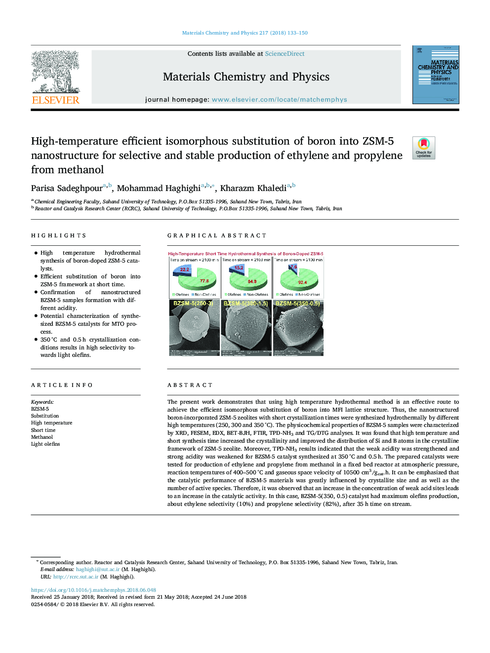 High-temperature efficient isomorphous substitution of boron into ZSM-5 nanostructure for selective and stable production of ethylene and propylene from methanol