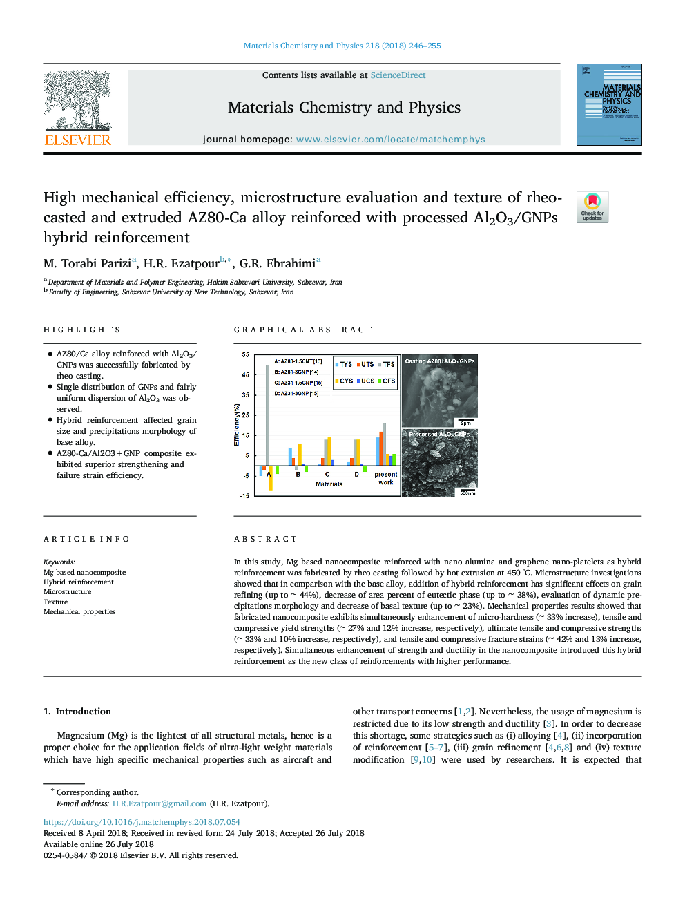 High mechanical efficiency, microstructure evaluation and texture of rheo-casted and extruded AZ80-Ca alloy reinforced with processed Al2O3/GNPs hybrid reinforcement