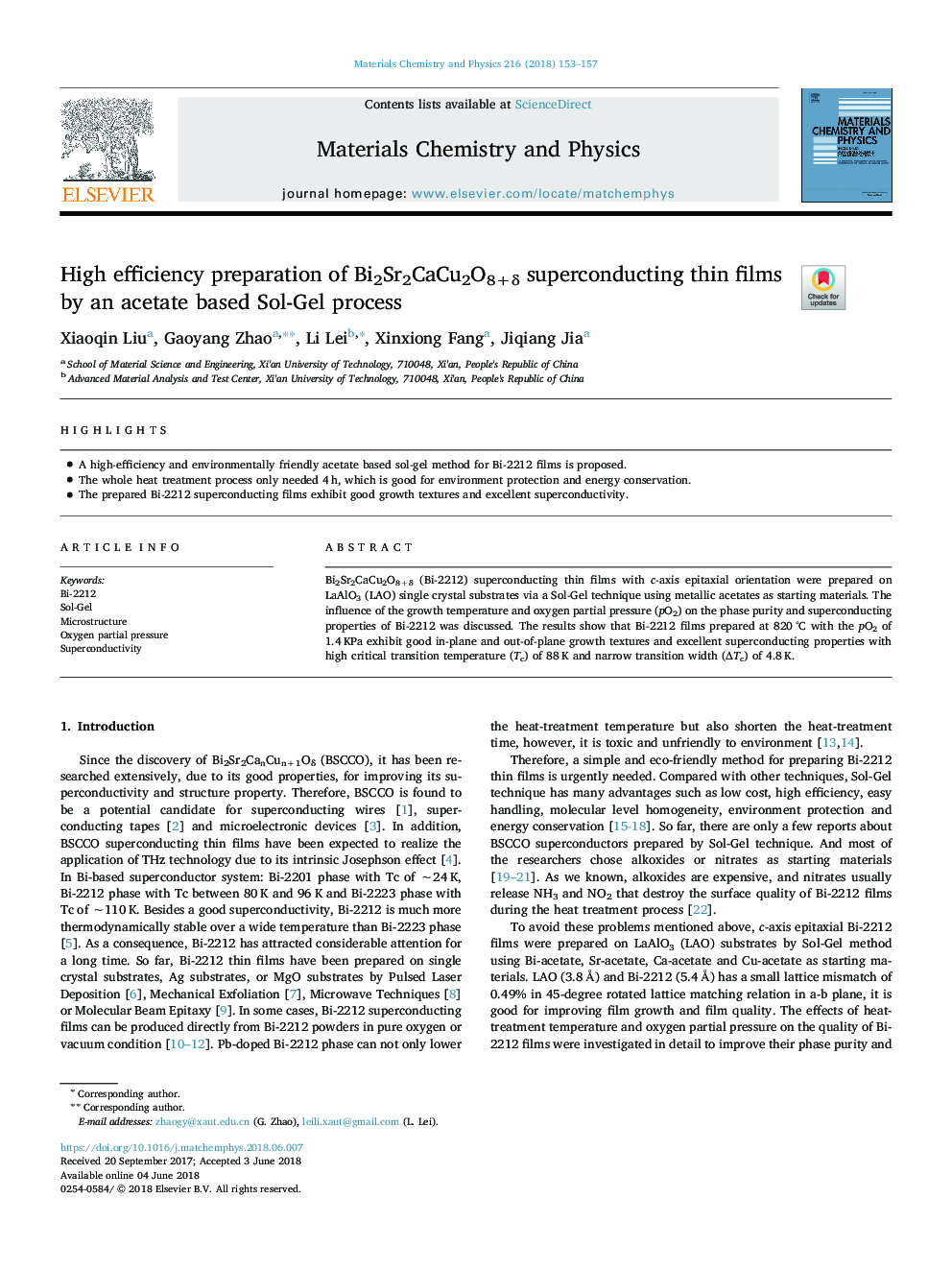 High efficiency preparation of Bi2Sr2CaCu2O8+Î´ superconducting thin films by an acetate based Sol-Gel process