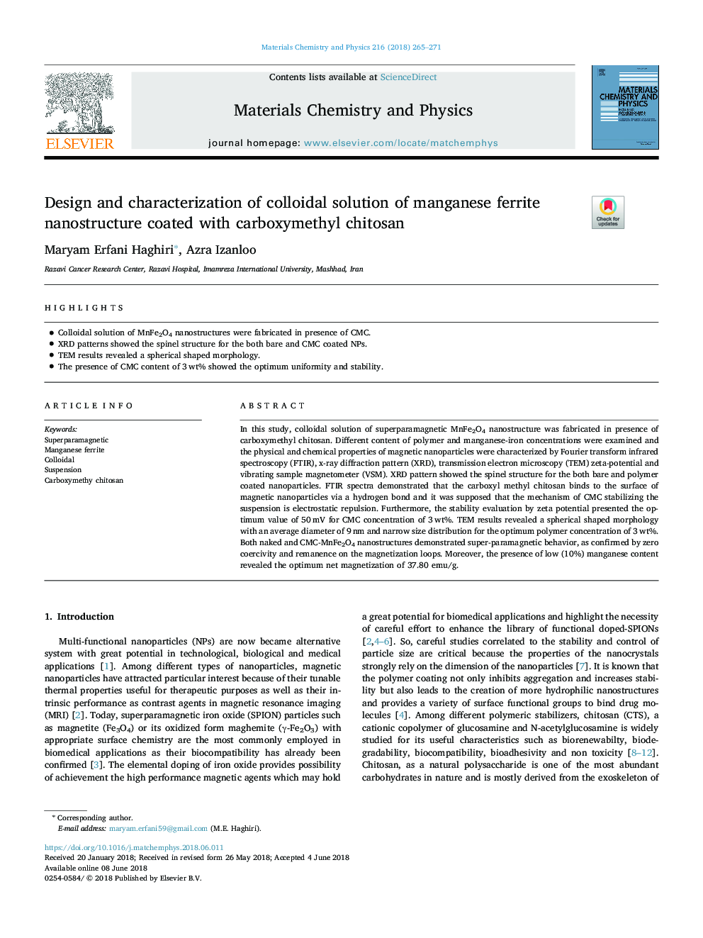 Design and characterization of colloidal solution of manganese ferrite nanostructure coated with carboxymethyl chitosan