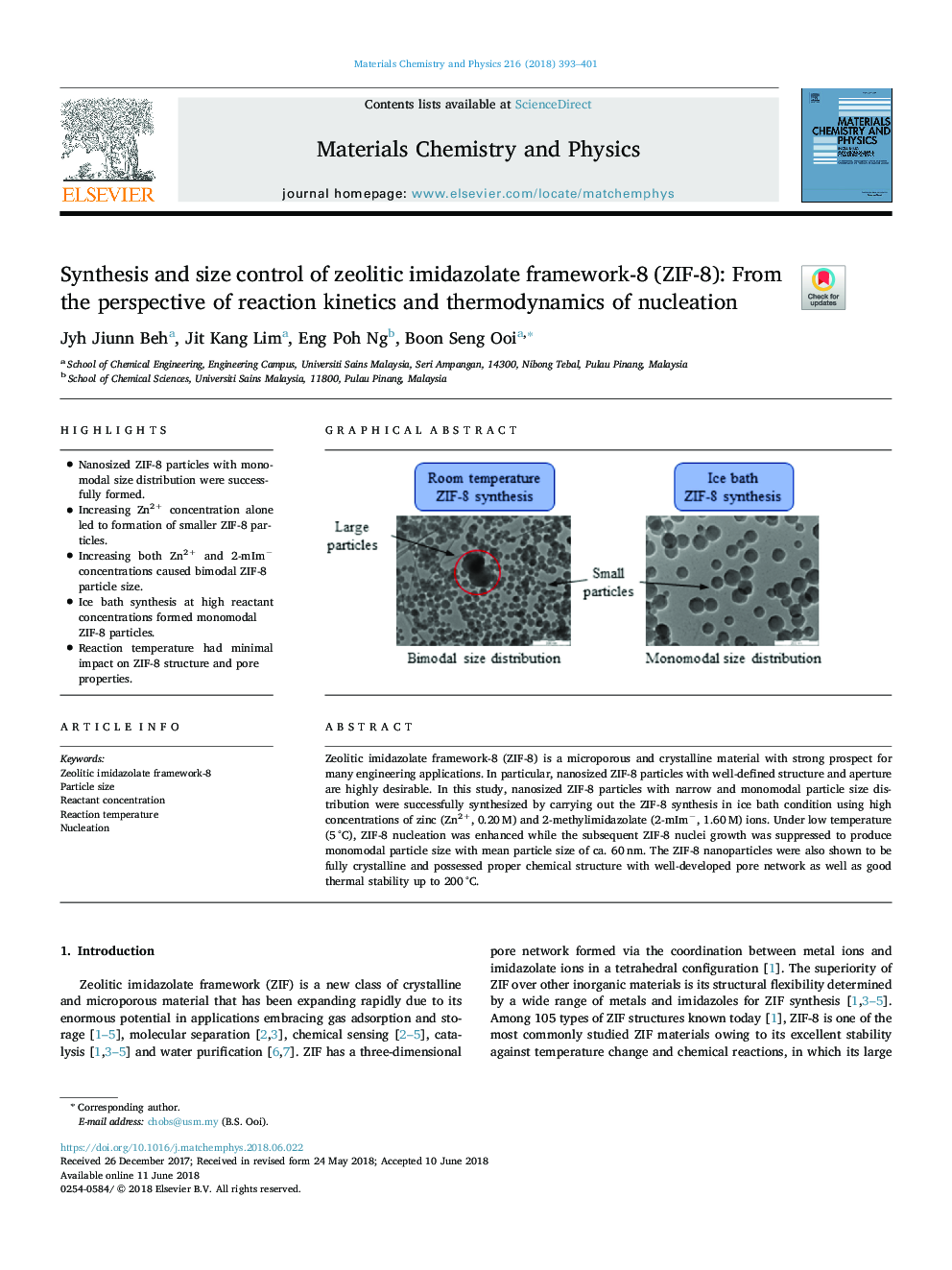 Synthesis and size control of zeolitic imidazolate framework-8 (ZIF-8): From the perspective of reaction kinetics and thermodynamics of nucleation