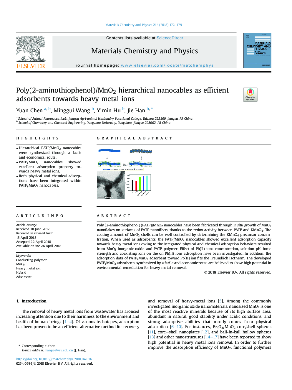 Poly(2-aminothiophenol)/MnO2 hierarchical nanocables as efficient adsorbents towards heavy metal ions