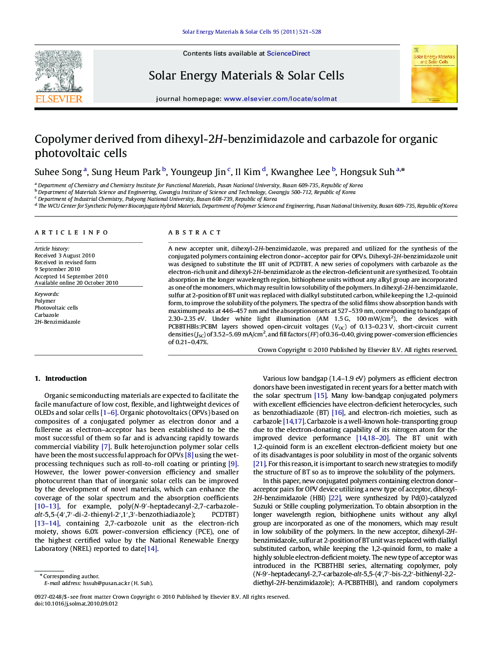 Copolymer derived from dihexyl-2H-benzimidazole and carbazole for organic photovoltaic cells