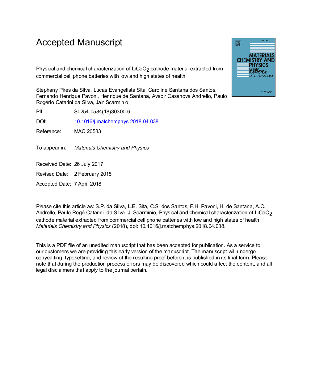 Physical and chemical characterization of LiCoO2 cathode material extracted from commercial cell phone batteries with low and high states of health