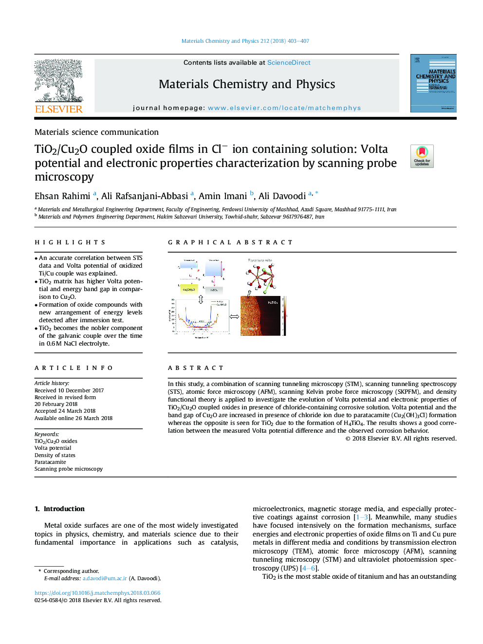 TiO2/Cu2O coupled oxide films in Clâ ion containing solution: Volta potential and electronic properties characterization by scanning probe microscopy