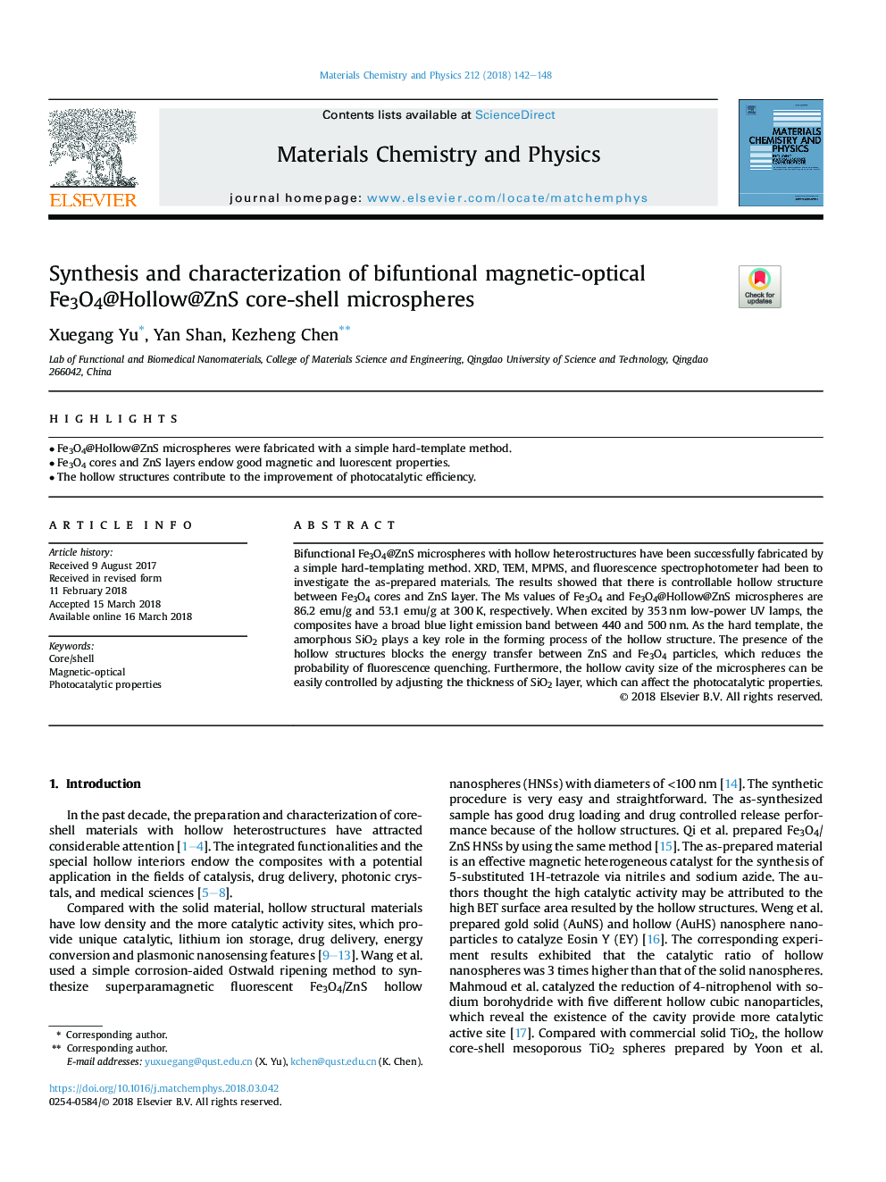 Synthesis and characterization of bifuntional magnetic-optical Fe3O4@Hollow@ZnS core-shell microspheres