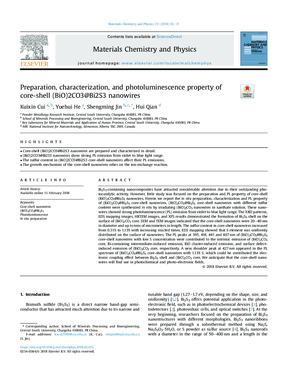 Preparation, characterization, and photoluminescence property of core-shell (BiO)2CO3@Bi2S3 nanowires