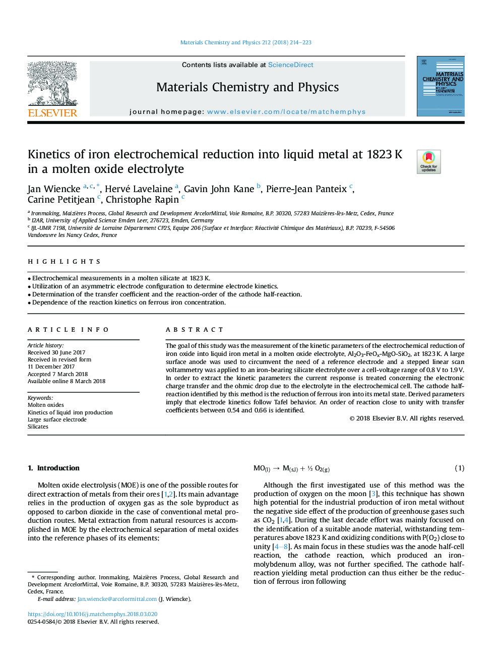 Kinetics of iron electrochemical reduction into liquid metal at 1823â¯K in a molten oxide electrolyte