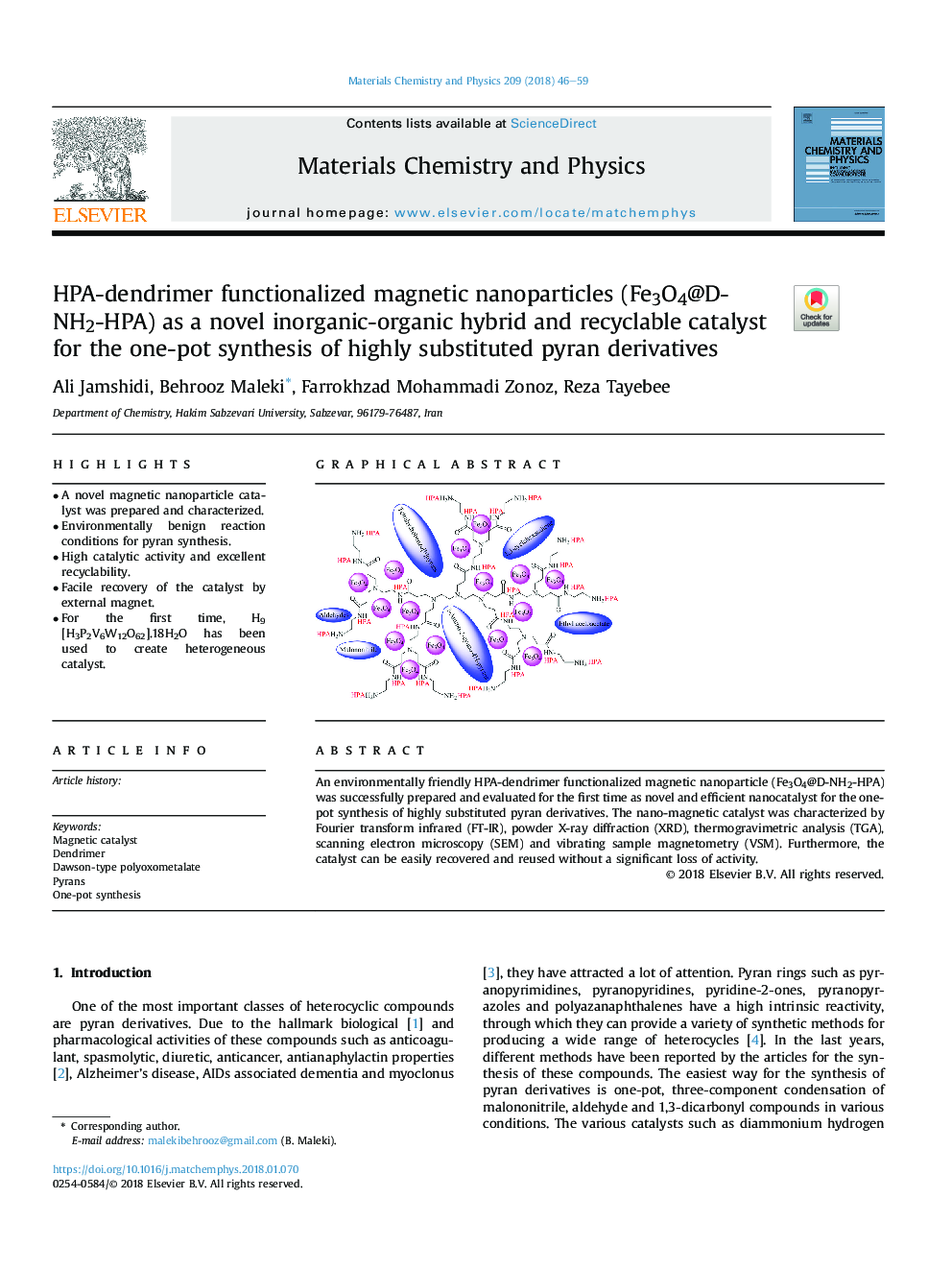 HPA-dendrimer functionalized magnetic nanoparticles (Fe3O4@D-NH2-HPA) as a novel inorganic-organic hybrid and recyclable catalyst for the one-pot synthesis of highly substituted pyran derivatives