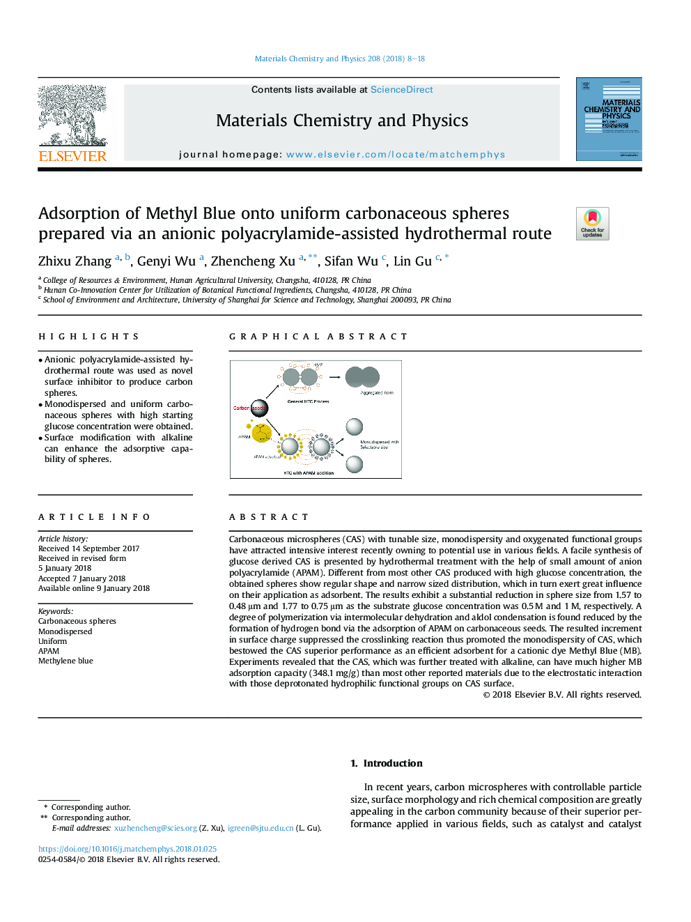 Adsorption of Methyl Blue onto uniform carbonaceous spheres prepared via an anionic polyacrylamide-assisted hydrothermal route