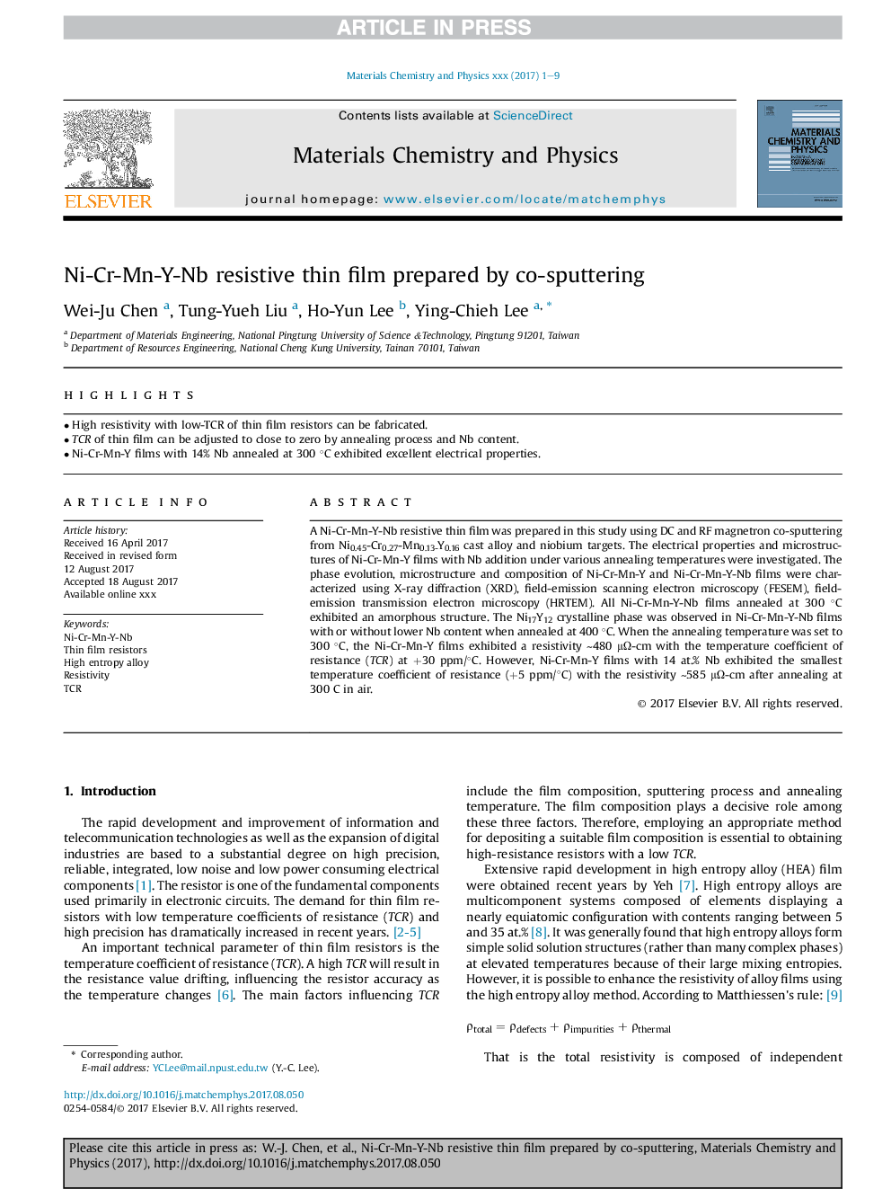 Ni-Cr-Mn-Y-Nb resistive thin film prepared by co-sputtering
