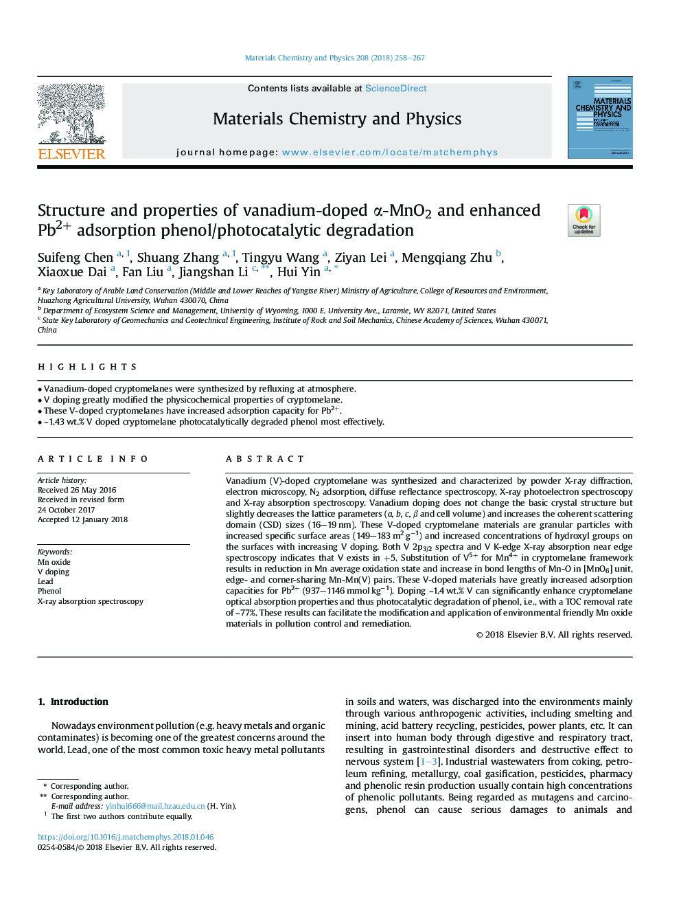 Structure and properties of vanadium-doped Î±-MnO2 and enhanced Pb2+ adsorption phenol/photocatalytic degradation