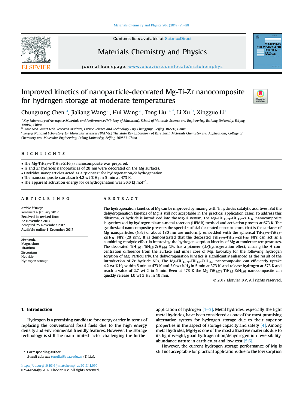 Improved kinetics of nanoparticle-decorated Mg-Ti-Zr nanocomposite for hydrogen storage at moderate temperatures