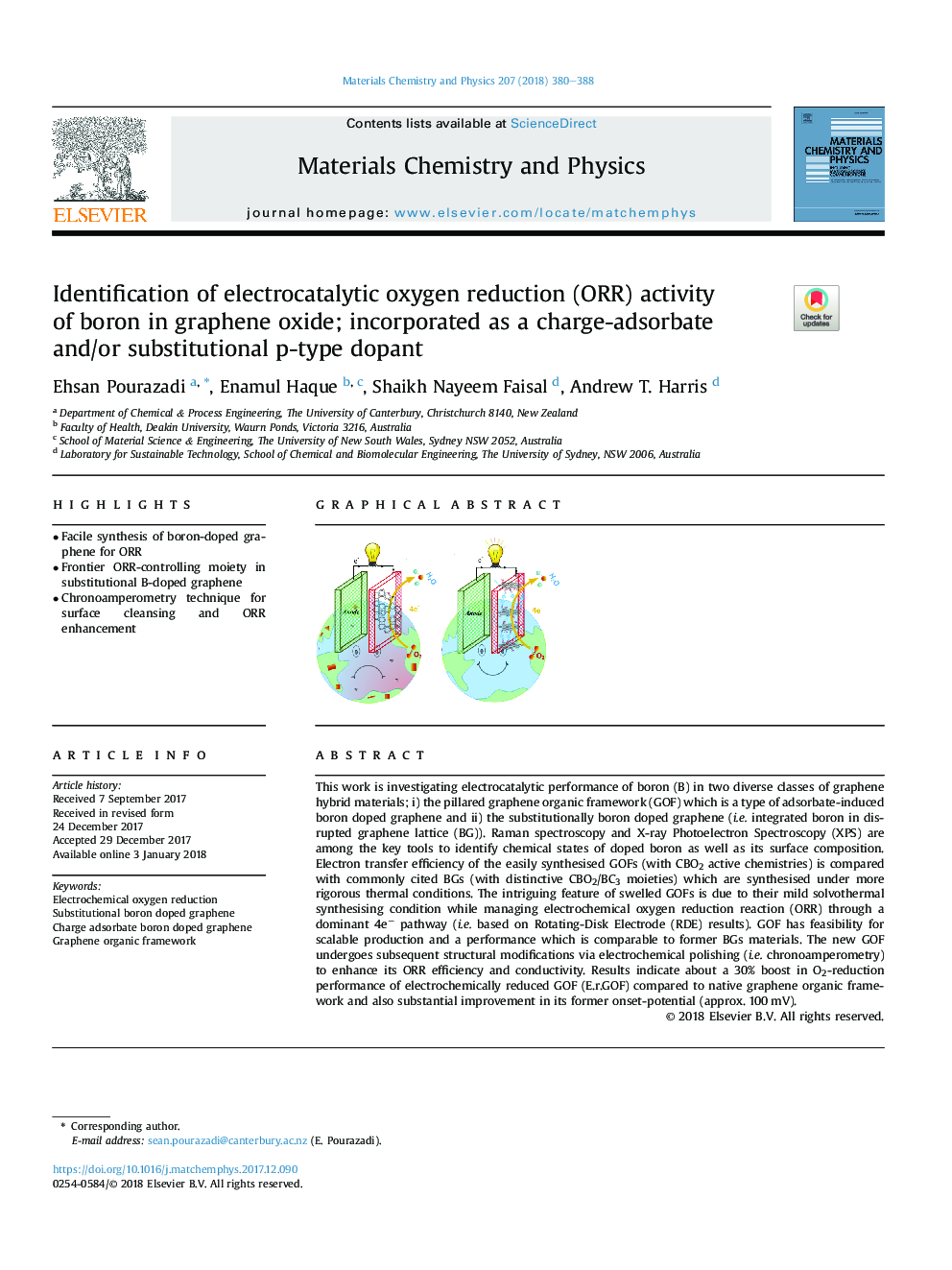 Identification of electrocatalytic oxygen reduction (ORR) activity ofÂ boron in graphene oxide; incorporated as a charge-adsorbate and/or substitutional p-type dopant