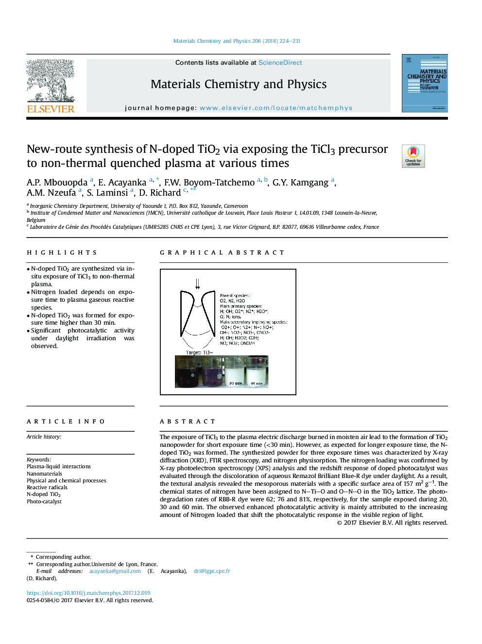 New-route synthesis of N-doped TiO2 via exposing the TiCl3 precursor to non-thermal quenched plasma at various times