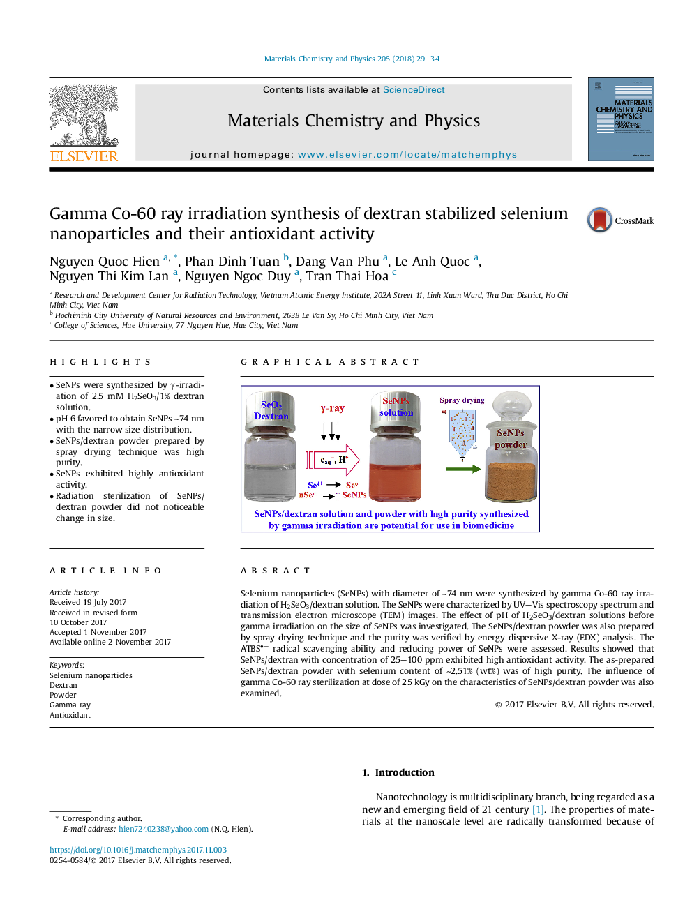 Gamma Co-60 ray irradiation synthesis of dextran stabilized selenium nanoparticles and their antioxidant activity