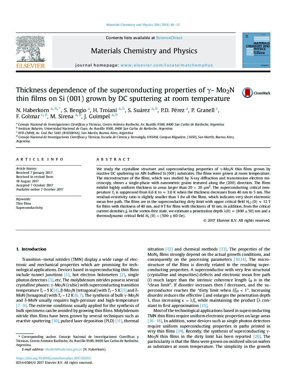 Thickness dependence of the superconducting properties of Î³- Mo2N thin films on Si (001) grown by DC sputtering at room temperature