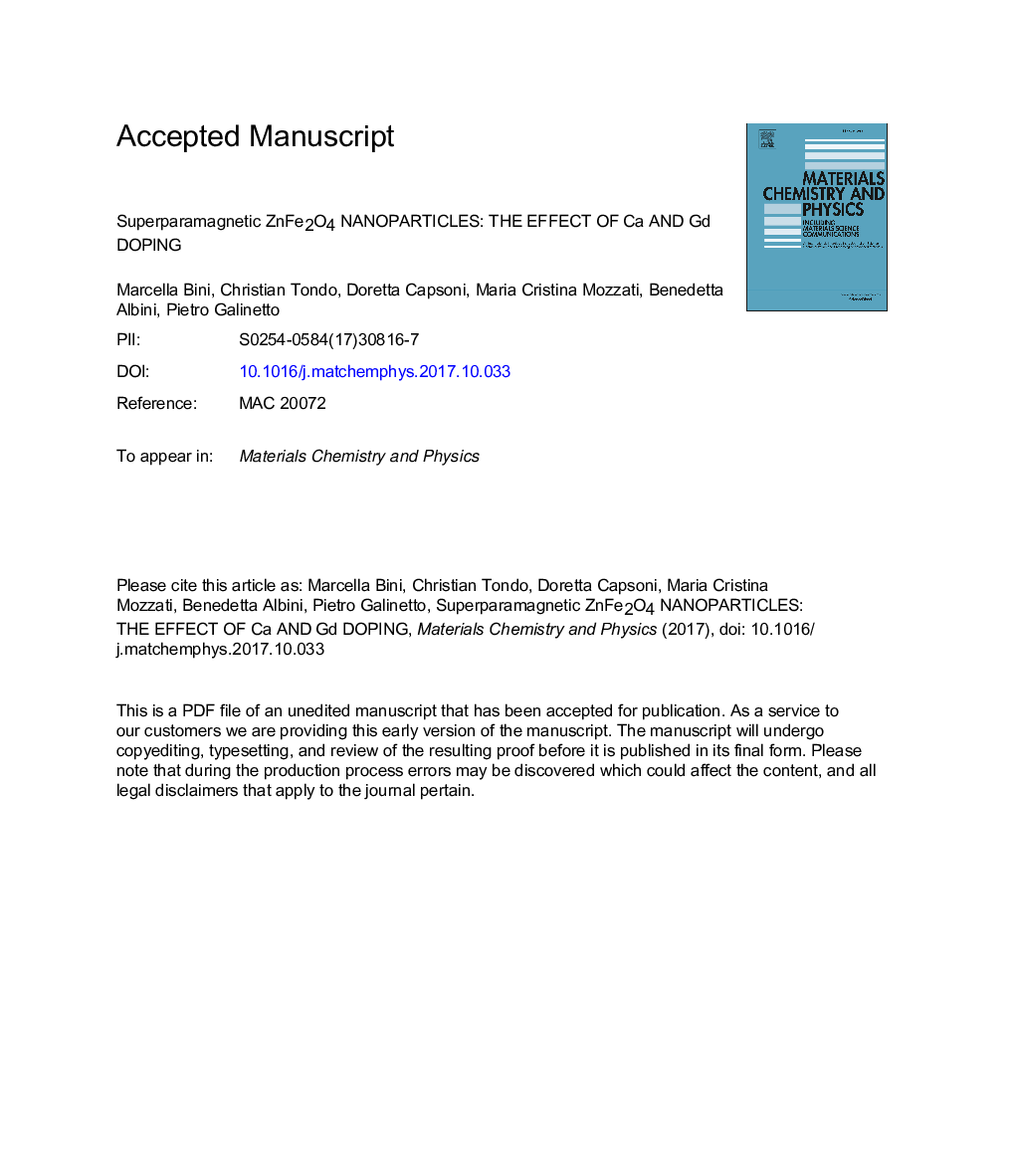 Superparamagnetic ZnFe2O4 nanoparticles: The effect of Ca and Gd doping