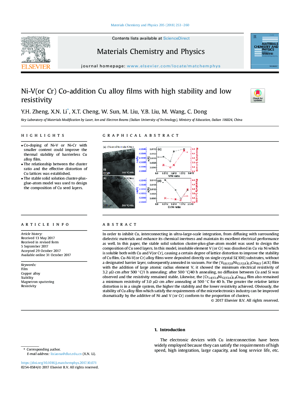 Ni-V(or Cr) Co-addition Cu alloy films with high stability and low resistivity