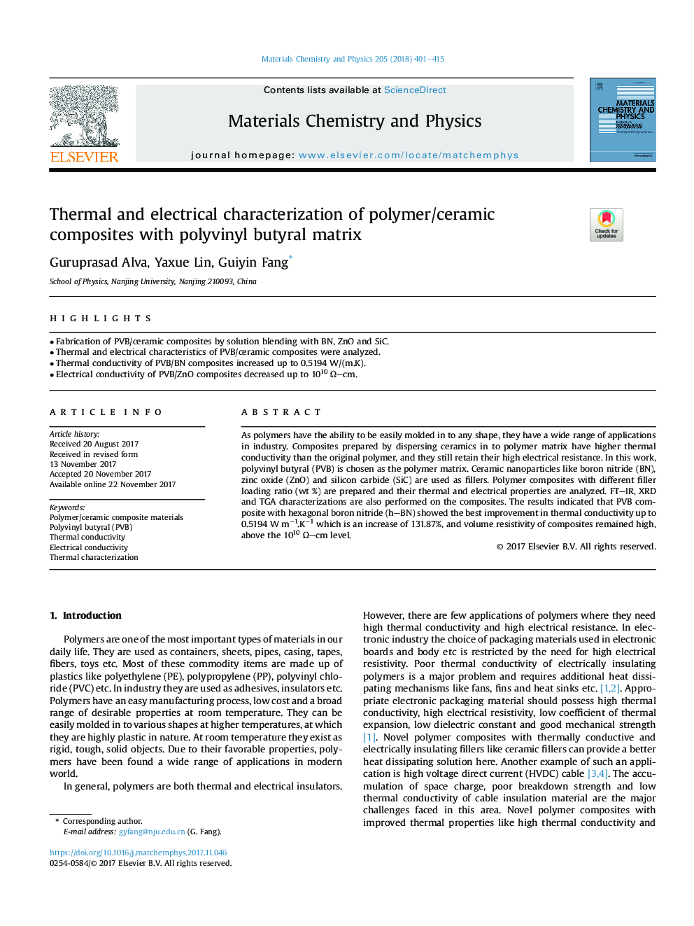 Thermal and electrical characterization of polymer/ceramic composites with polyvinyl butyral matrix