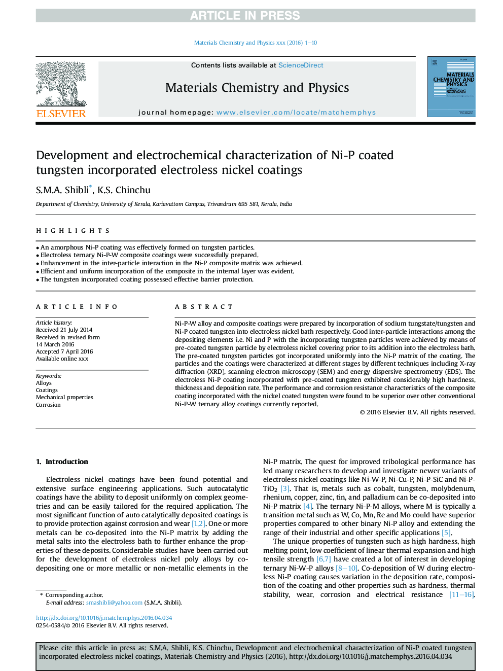 Development and electrochemical characterization of NiâP coated tungsten incorporated electroless nickel coatings