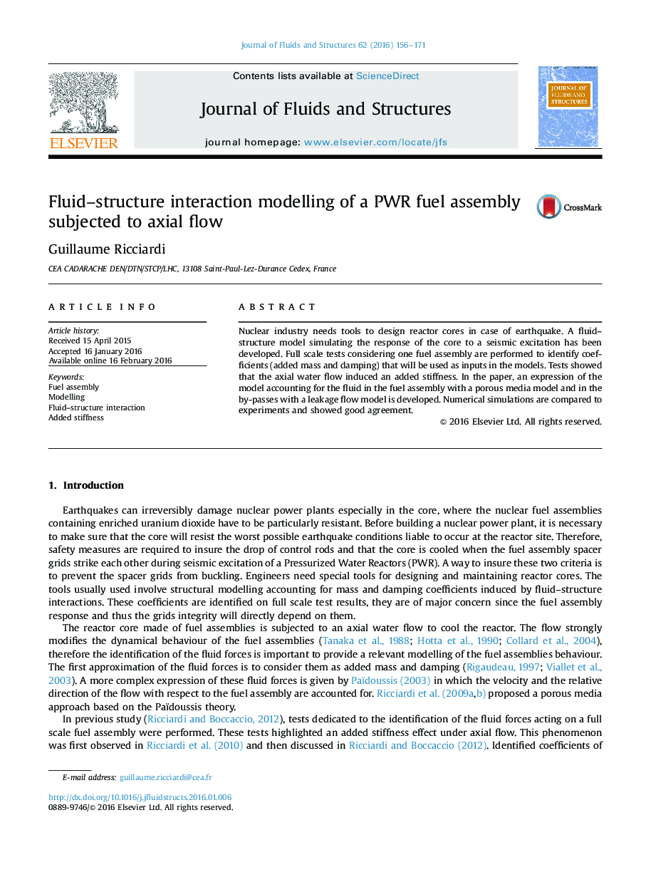 Fluid–structure interaction modelling of a PWR fuel assembly subjected to axial flow