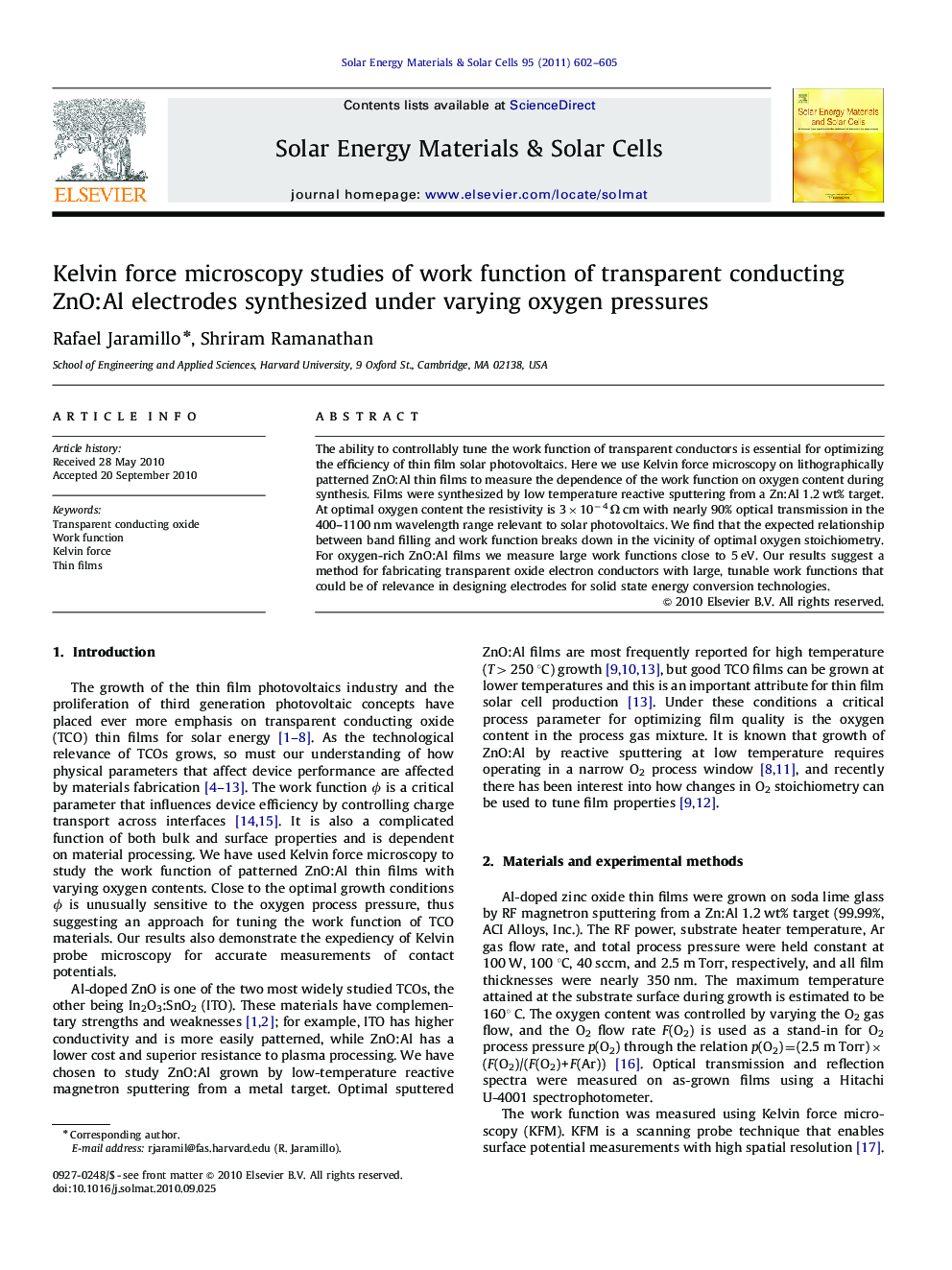 Kelvin force microscopy studies of work function of transparent conducting ZnO:Al electrodes synthesized under varying oxygen pressures