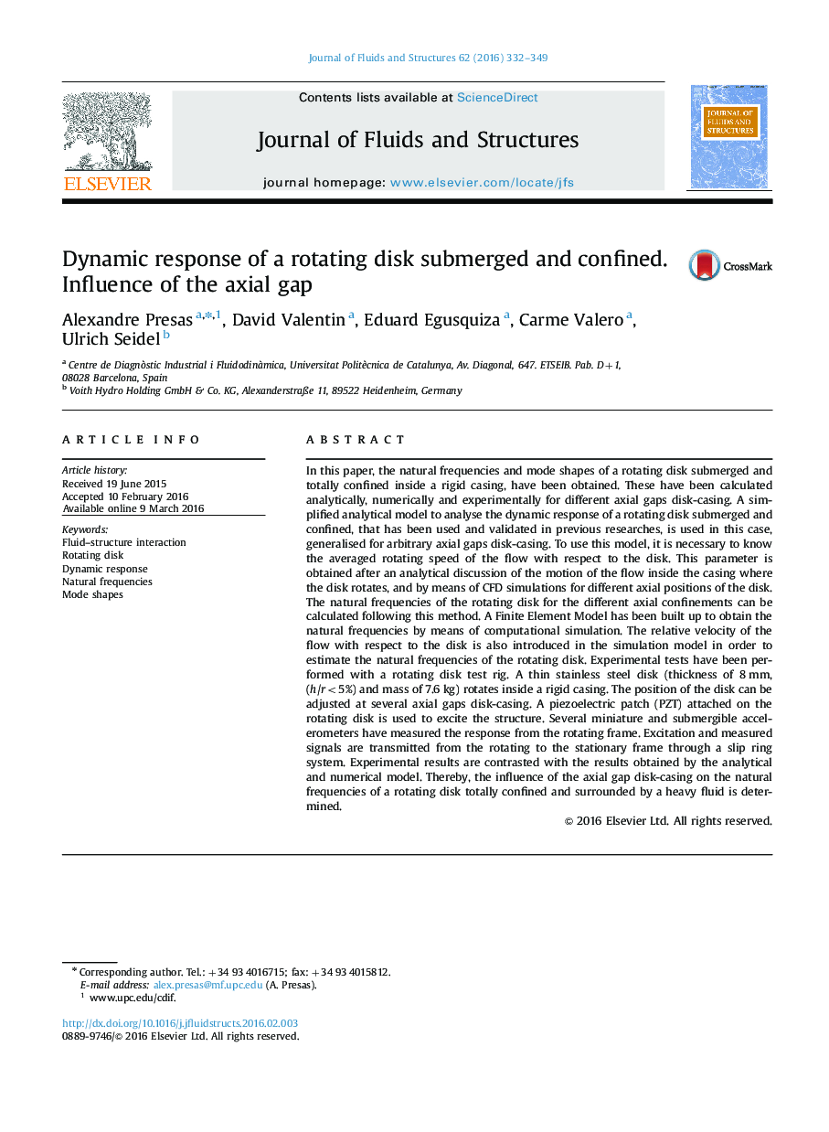 Dynamic response of a rotating disk submerged and confined. Influence of the axial gap