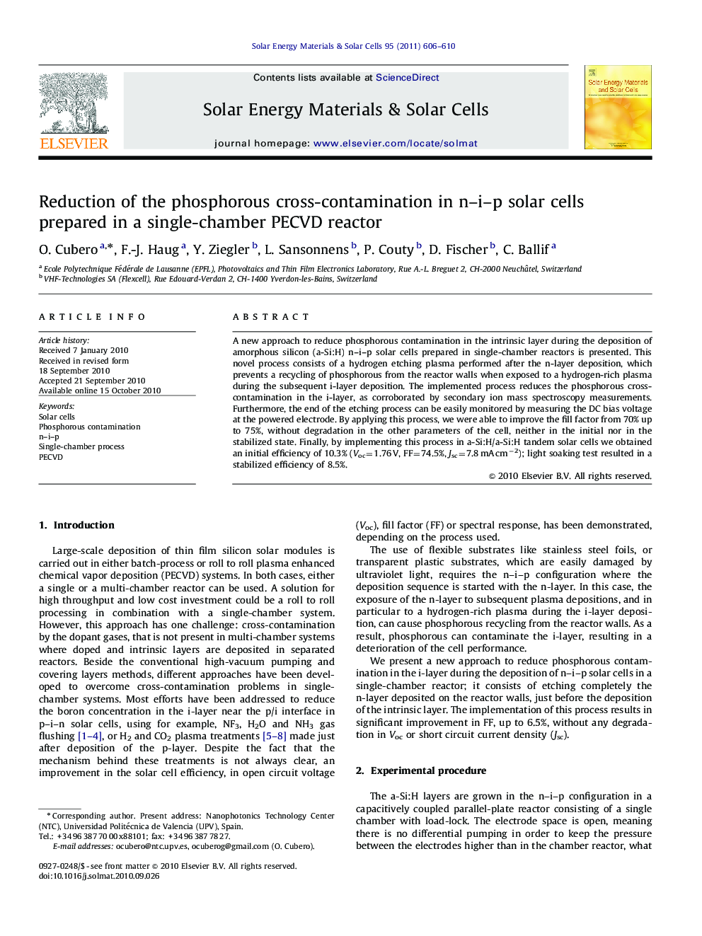 Reduction of the phosphorous cross-contamination in n–i–p solar cells prepared in a single-chamber PECVD reactor