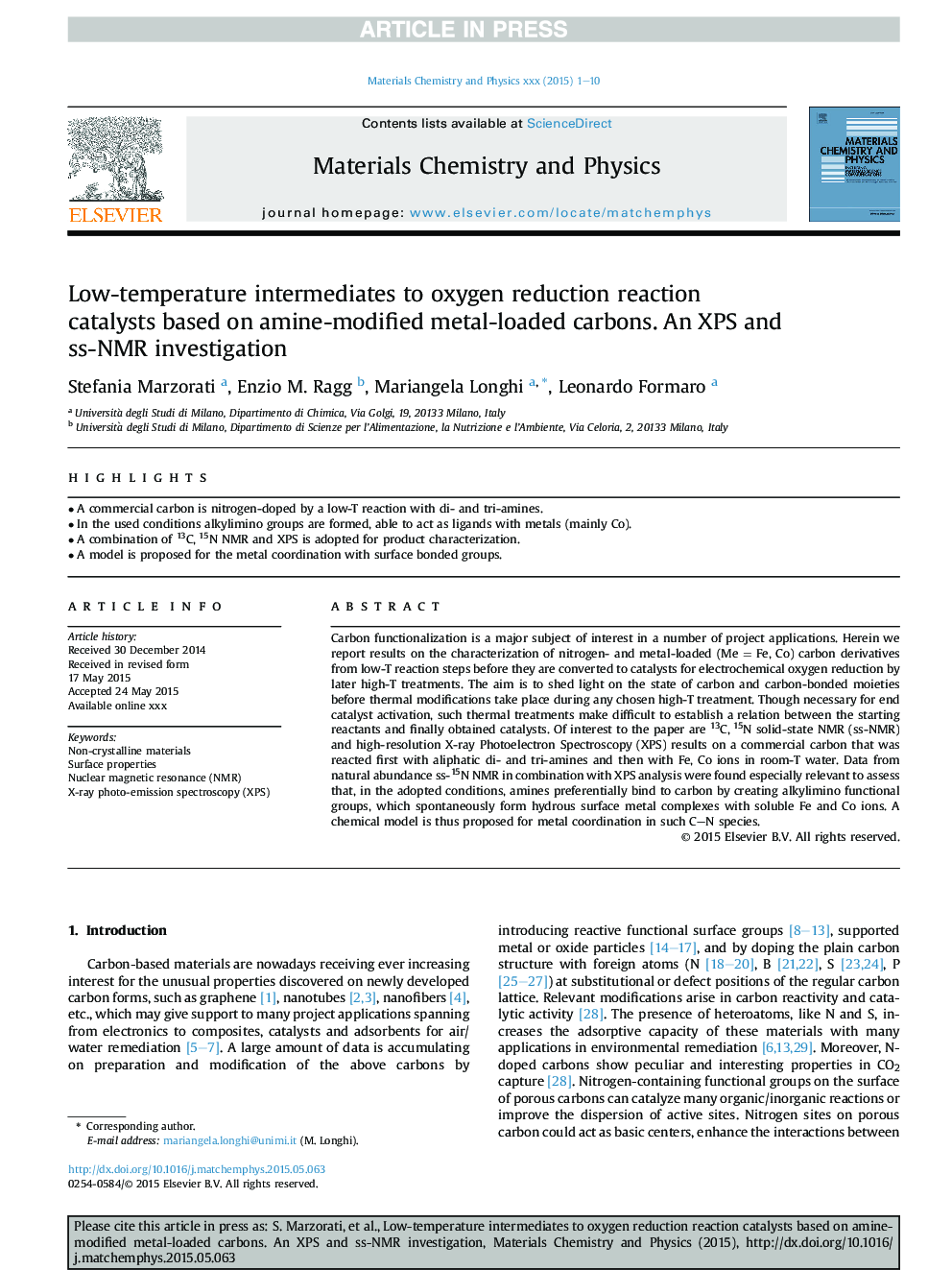 Low-temperature intermediates to oxygen reduction reaction catalysts based on amine-modified metal-loaded carbons. An XPS and ss-NMR investigation