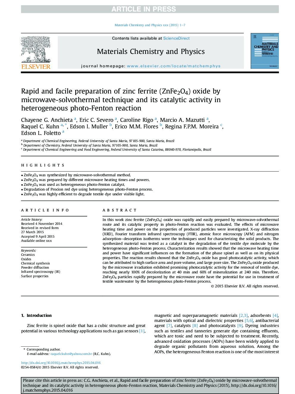 Rapid and facile preparation of zinc ferrite (ZnFe2O4) oxide by microwave-solvothermal technique and its catalytic activity in heterogeneous photo-Fenton reaction