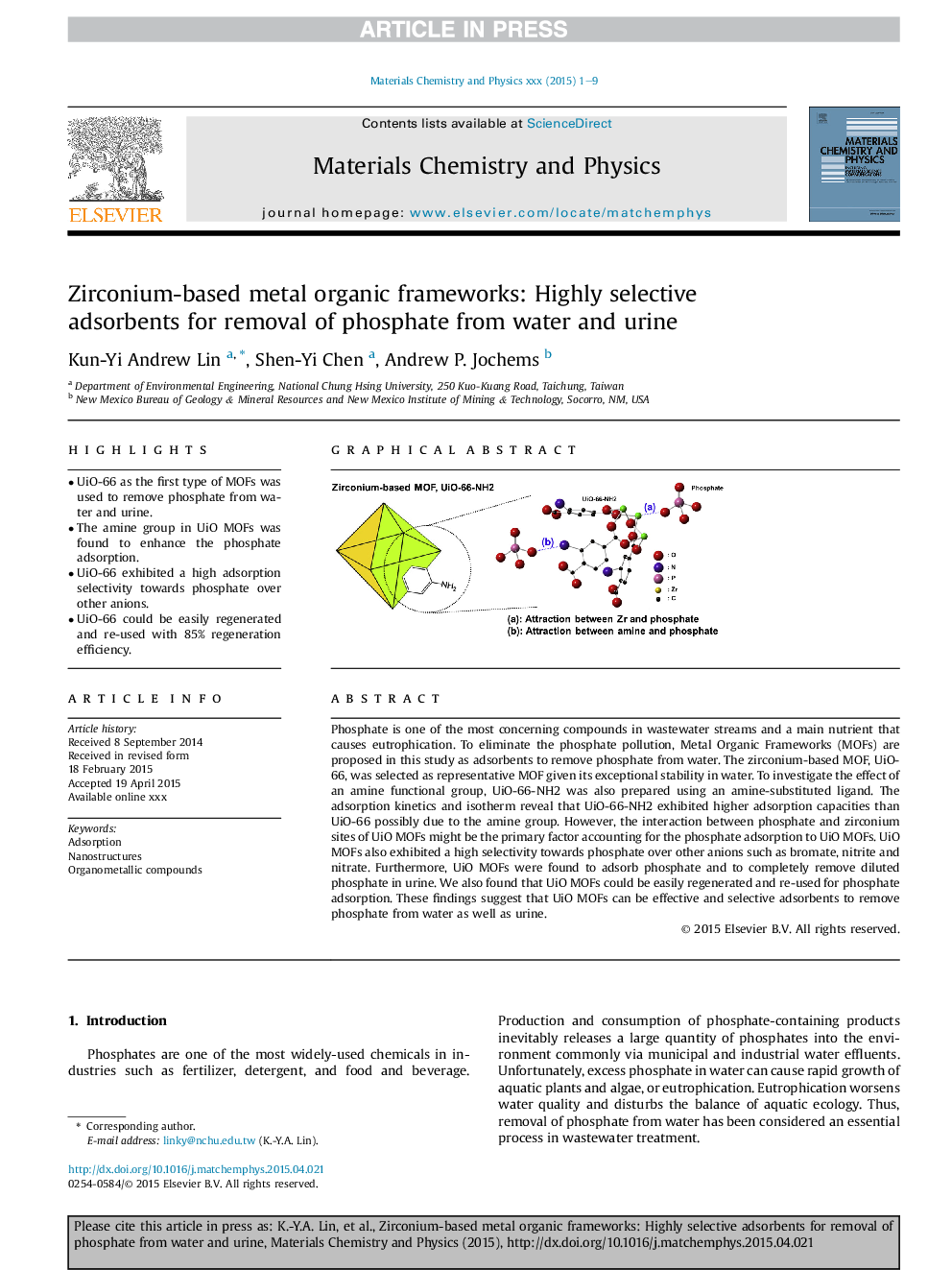 Zirconium-based metal organic frameworks: Highly selective adsorbents for removal of phosphate from water and urine