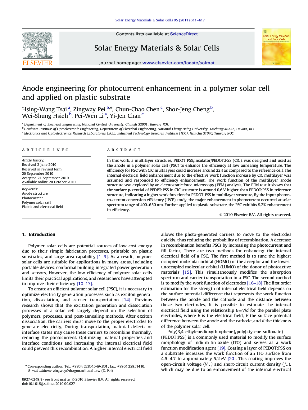 Anode engineering for photocurrent enhancement in a polymer solar cell and applied on plastic substrate