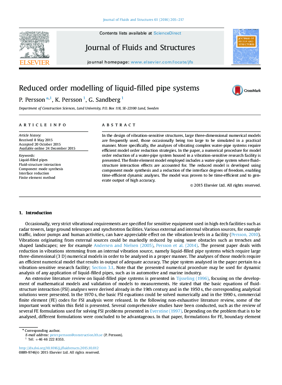 Reduced order modelling of liquid-filled pipe systems