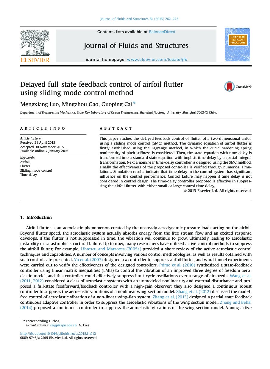 Delayed full-state feedback control of airfoil flutter using sliding mode control method