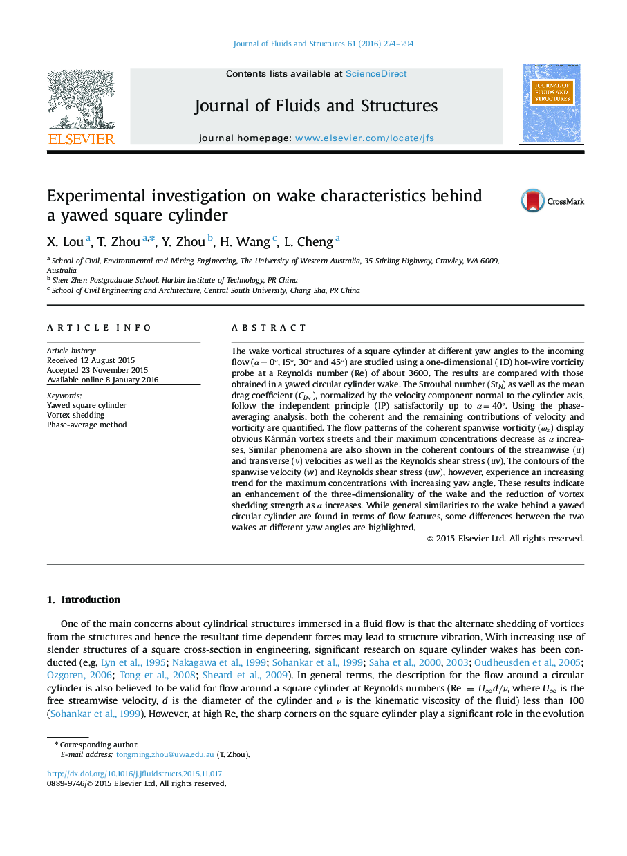 Experimental investigation on wake characteristics behind a yawed square cylinder