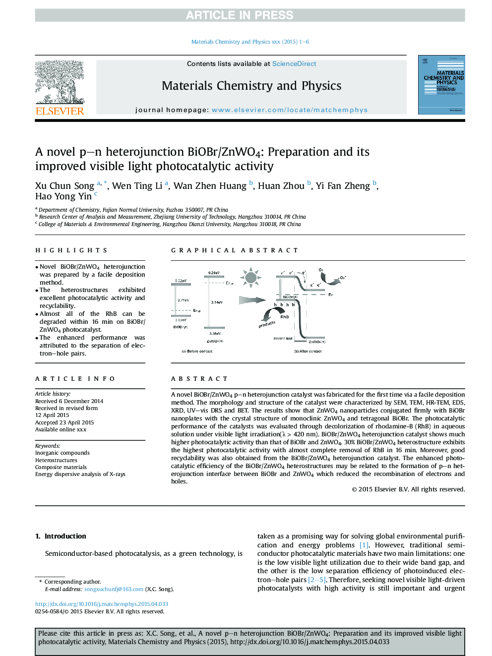 عکس صفحه اول مقاله: A novel p-n heterojunction BiOBr/ZnWO4: Preparation and its improved visible light photocatalytic activity A novel p-n heterojunction BiOBr/ZnWO4: Preparation and its improved visible light photocatalytic activity
