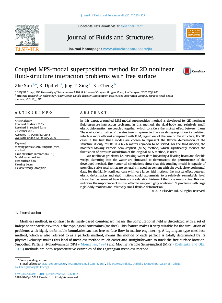 Coupled MPS-modal superposition method for 2D nonlinear fluid-structure interaction problems with free surface