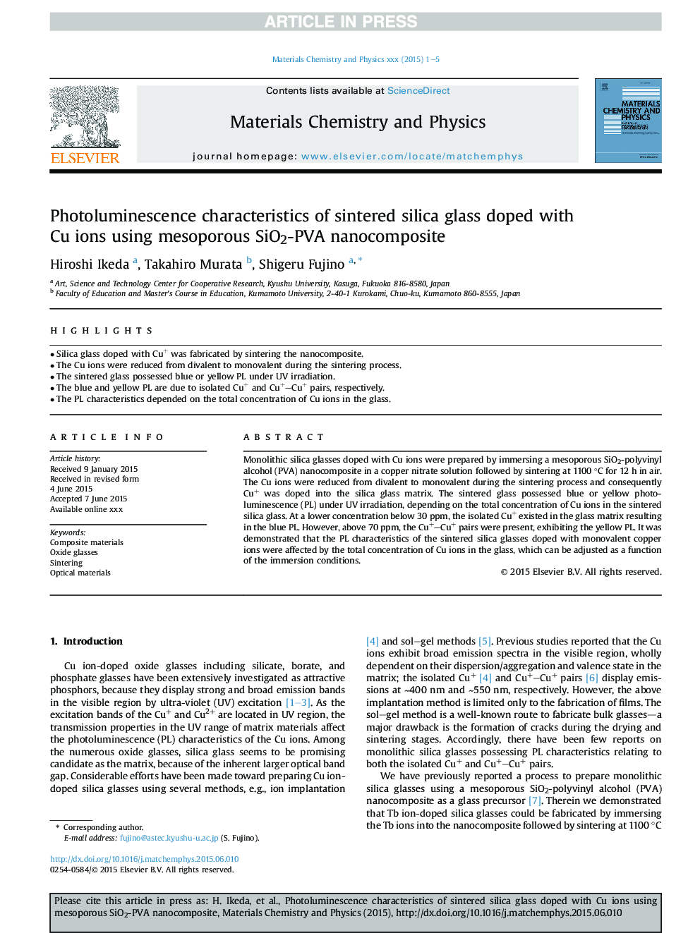 Photoluminescence characteristics of sintered silica glass doped with Cu ions using mesoporous SiO2-PVA nanocomposite