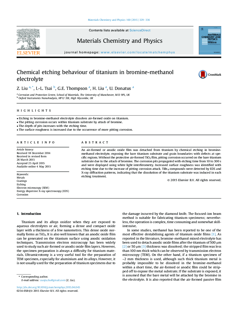 Chemical etching behaviour of titanium in bromine-methanol electrolyte