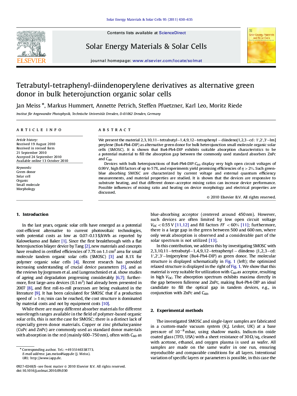 Tetrabutyl-tetraphenyl-diindenoperylene derivatives as alternative green donor in bulk heterojunction organic solar cells