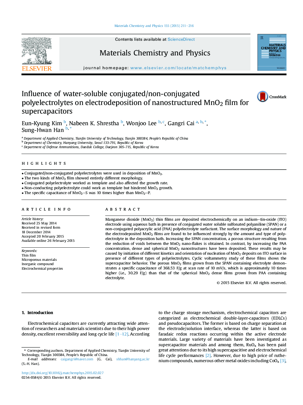 Influence of water-soluble conjugated/non-conjugated polyelectrolytes on electrodeposition of nanostructured MnO2 film for supercapacitors