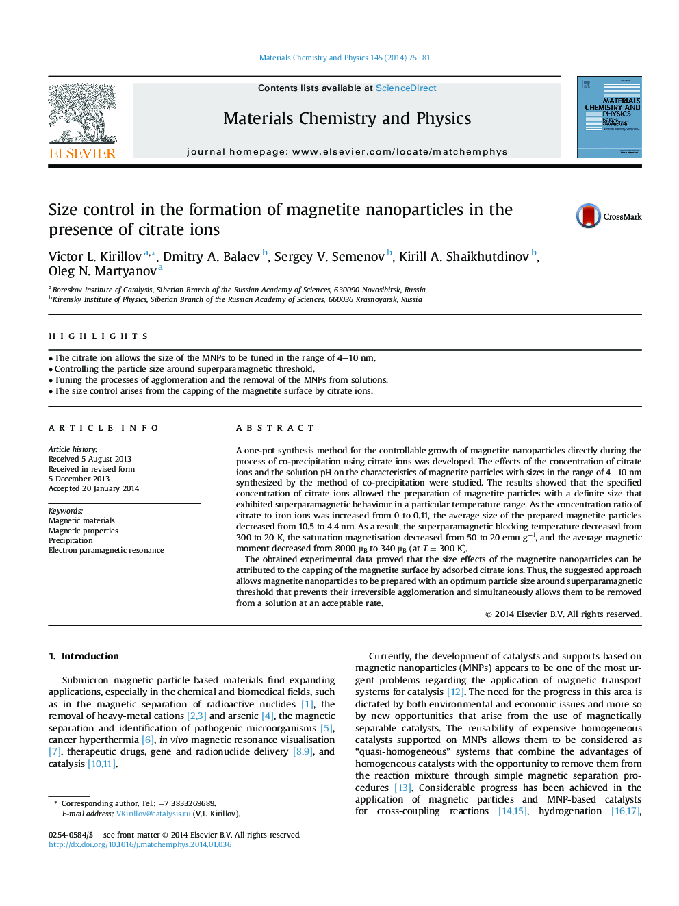 Size control in the formation of magnetite nanoparticles in the presence of citrate ions