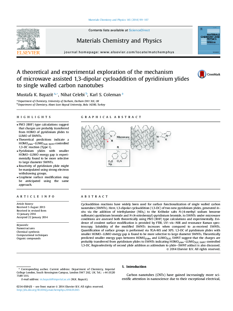 A theoretical and experimental exploration of the mechanism ofÂ microwave assisted 1,3-dipolar cycloaddition of pyridinium ylides to single walled carbon nanotubes