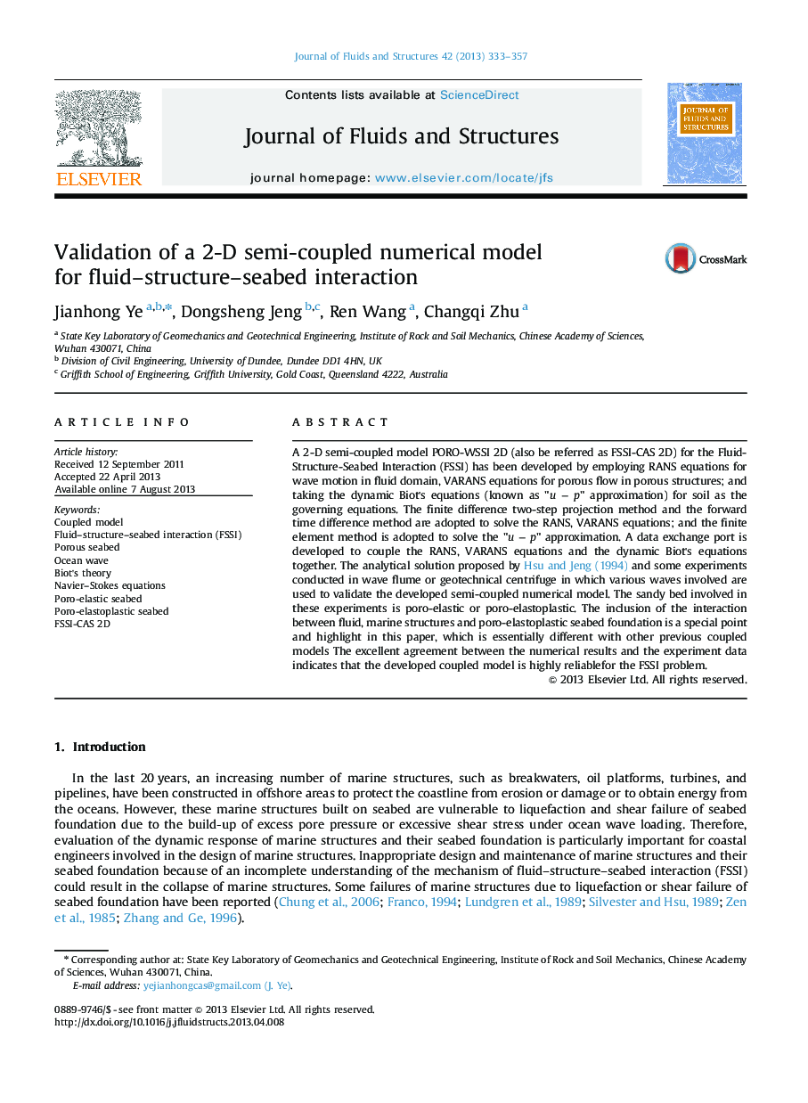 Validation of a 2-D semi-coupled numerical model for fluid–structure–seabed interaction