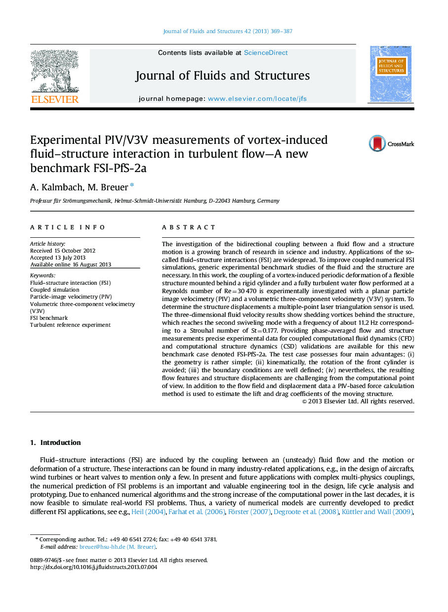 عکس صفحه اول مقاله: Experimental PIV/V3V measurements of vortex-induced fluid–structure interaction in turbulent flow—A new benchmark FSI-PfS-2a Experimental PIV/V3V measurements of vortex-induced fluid–structure interaction in turbulent flow—A new benchmark FSI-PfS-2a
