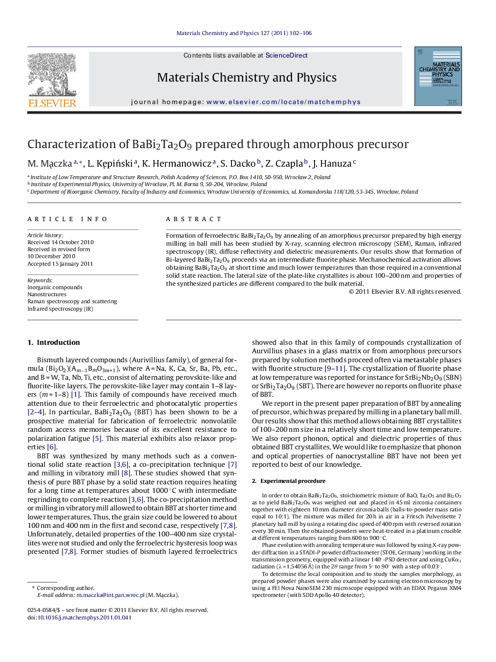 Characterization of BaBi2Ta2O9 prepared through amorphous precursor