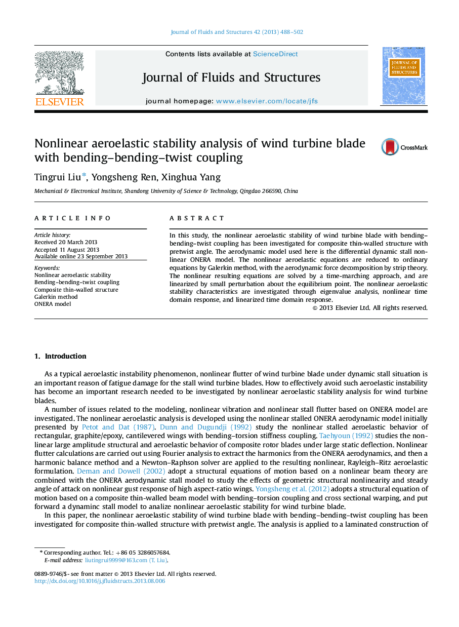 Nonlinear aeroelastic stability analysis of wind turbine blade with bending–bending–twist coupling